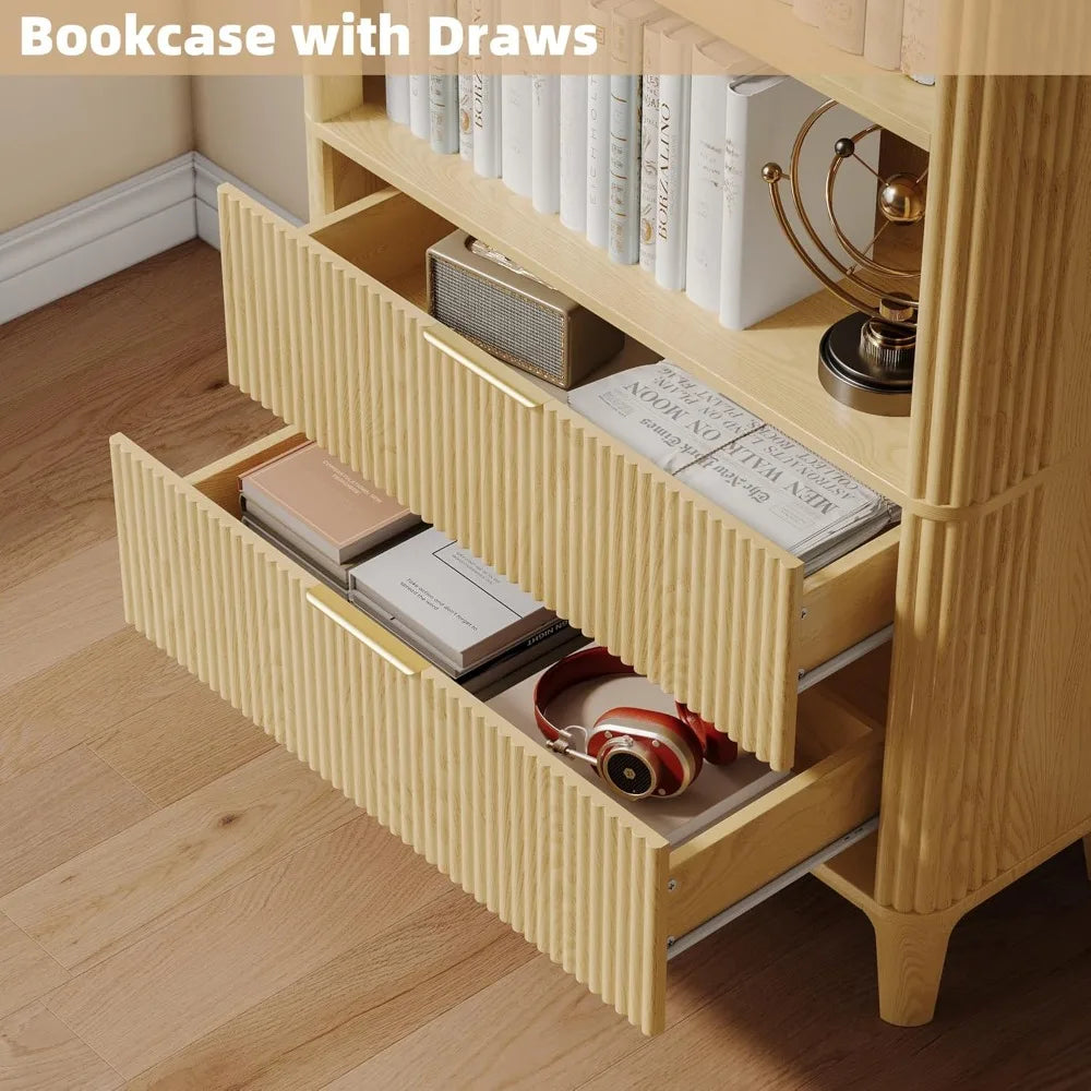 Six Tier Wooden Bookcase With Doors And Drawers Open Cabinets For Living Room Home Office