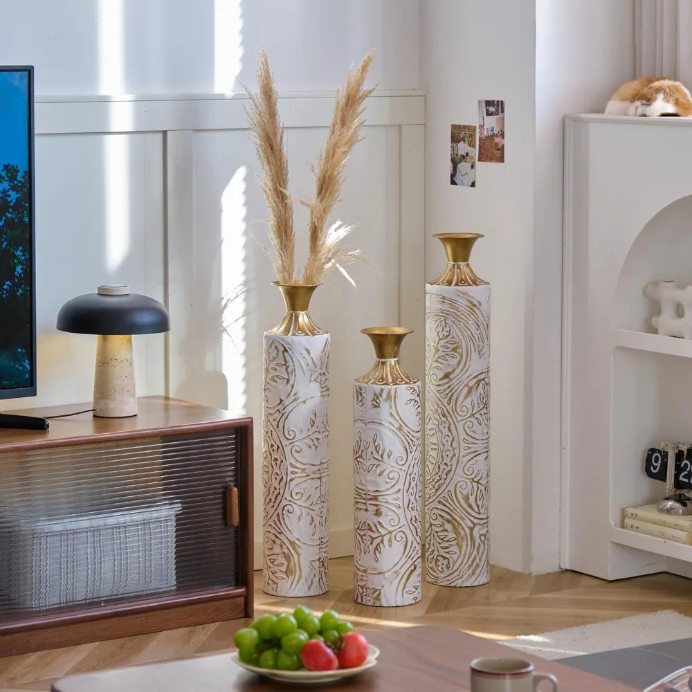 Three Piece Modern Metal Vases For Elegant Floor Decor