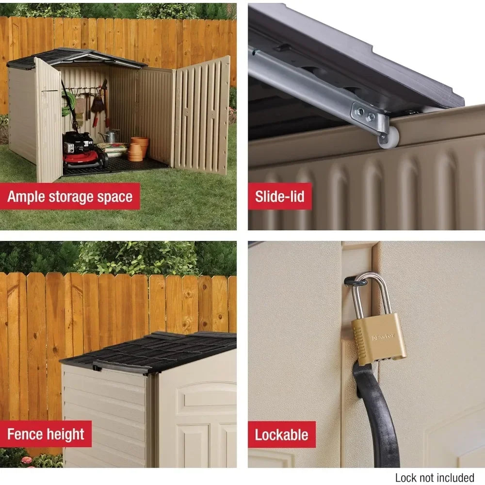 Customizable-Slide-Lid Resin Outdoor Storage Shed (5 X 6.5 Ft),Weather Resistant, Beige/Brown, Organization For Home/Backyard/Ga