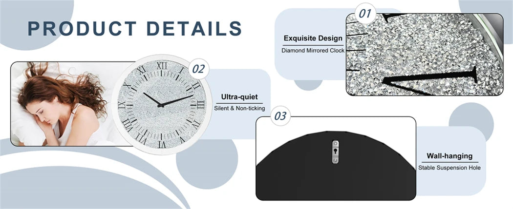 Combination Crushed Diamond Wall Clock Quartz With Roman Numerals