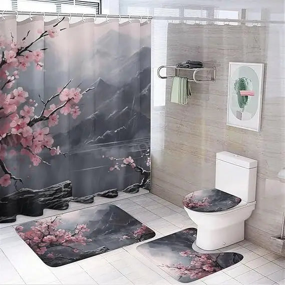 Antique Cherry Blossom Shower Curtain Set With Rug