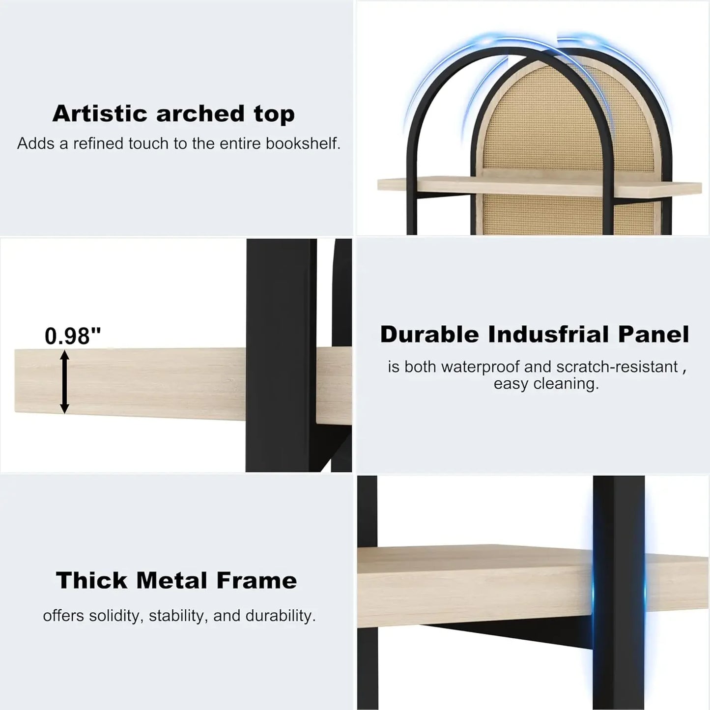 XMSJ Bookshelf Rattan 5 Tier Arched Bookcase Industrial Open Shelves Metal Frame for Living Room