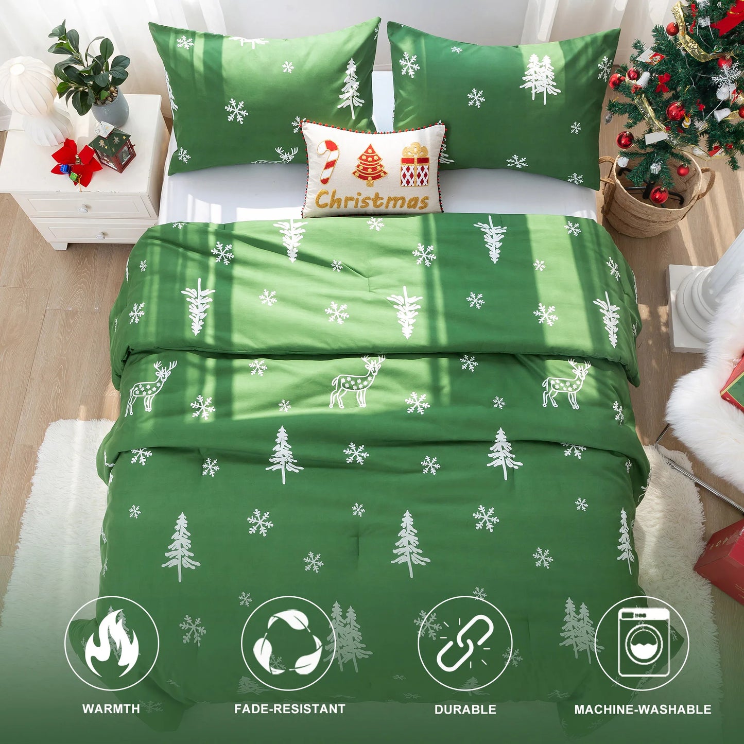 Soft PolyCotton Comforter Set Christmas Reindeer Bedding With Sham