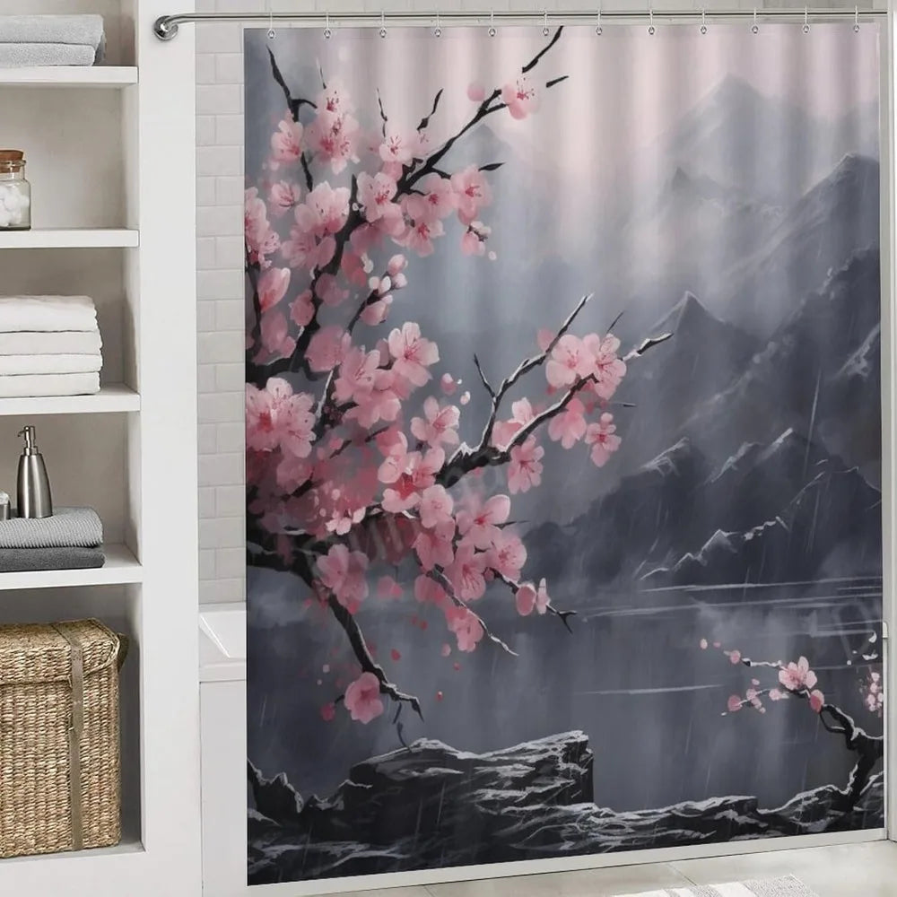 Antique Cherry Blossom Shower Curtain Set With Rug