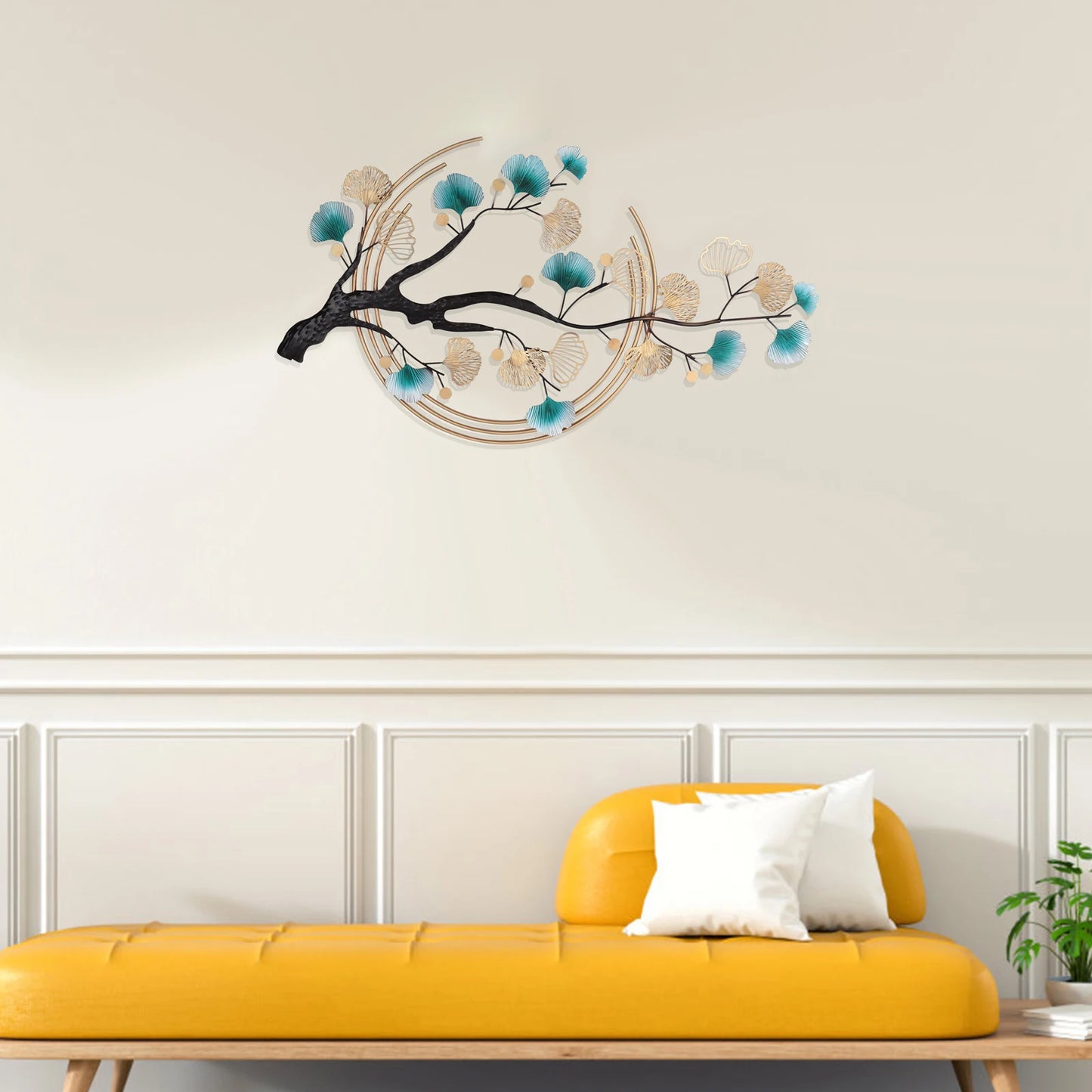 High-concerned Ginkgo Wall Art Iron 3D Gold and Green
