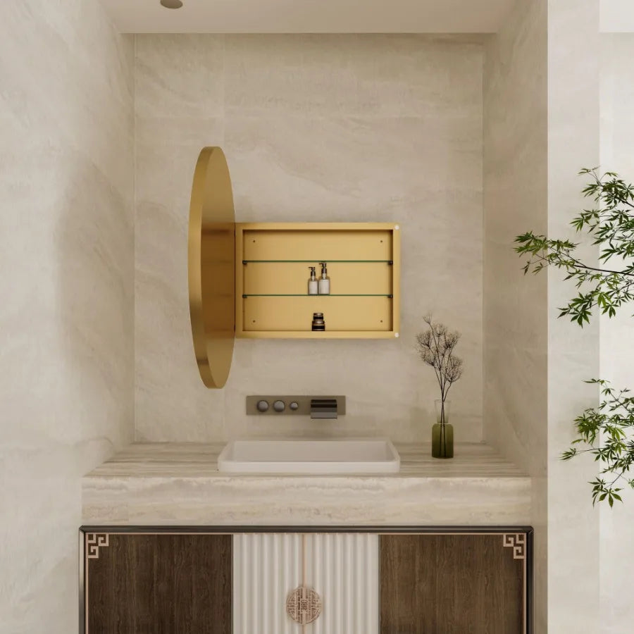 31.5 Inch Surface Mount Round Metal Framed Medicine Cabinet with Mirror and Adjustable Shelves Black Wall Mirror with Storage f