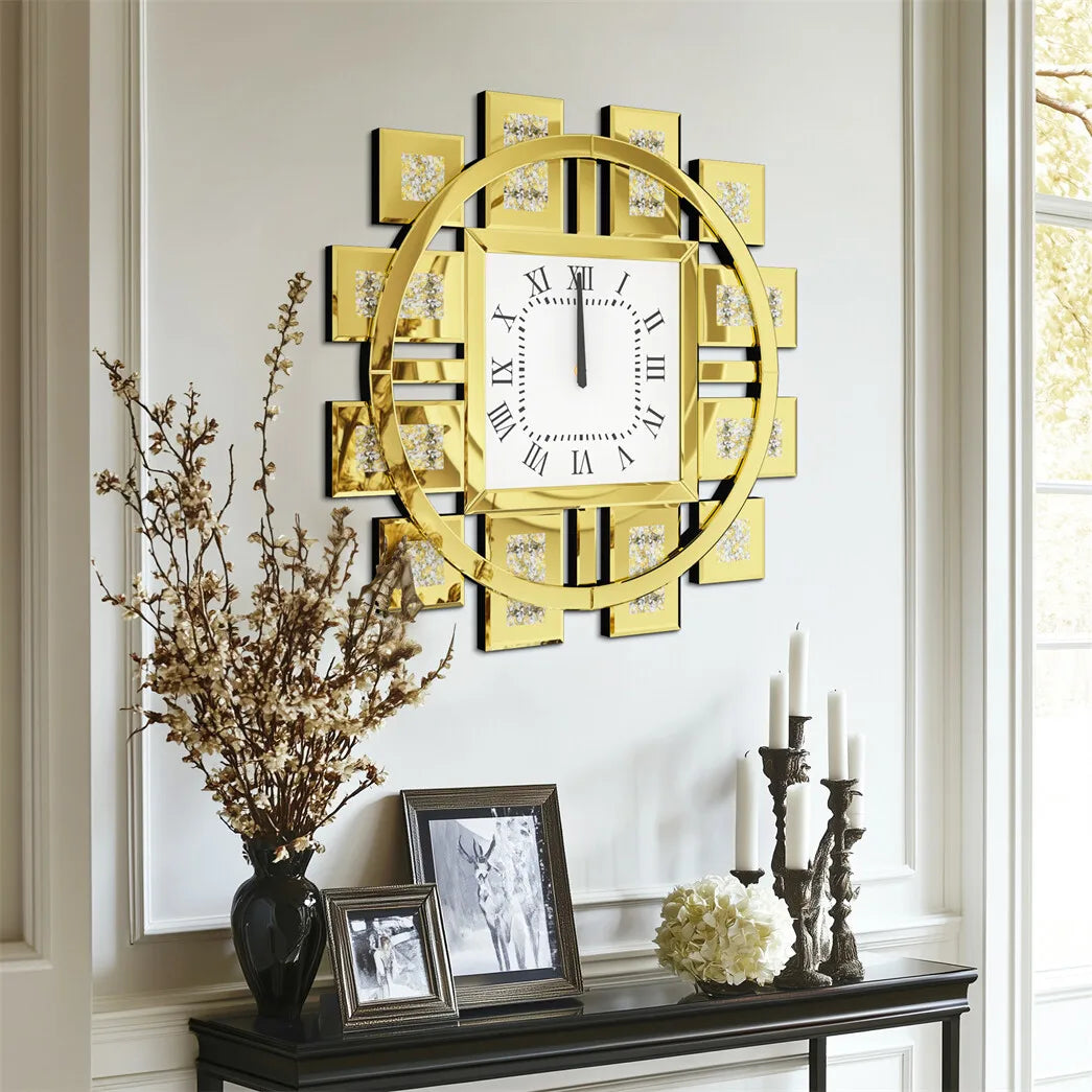 Combination Crushed Diamond Mirrored Wall Clock Quartz Movement