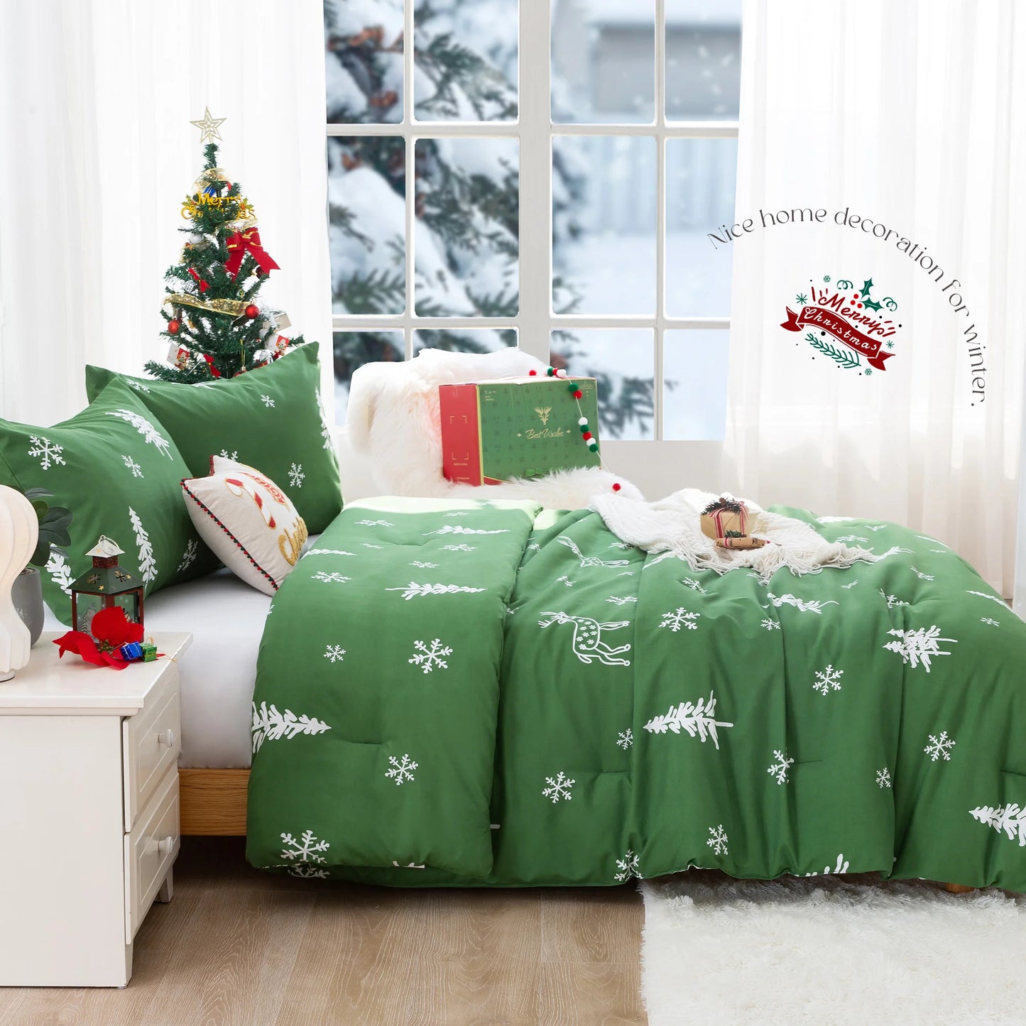 Soft PolyCotton Comforter Set Christmas Reindeer Bedding With Sham