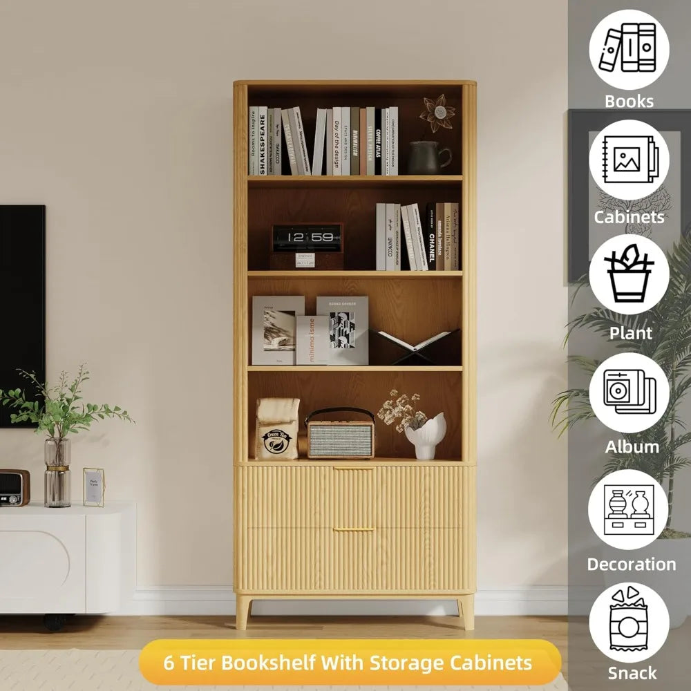 Six Tier Wooden Bookcase With Doors And Drawers Open Cabinets For Living Room Home Office